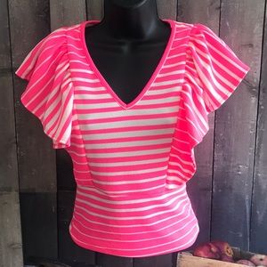 One By One Neon Pink & White Ruffle Sleeve Top